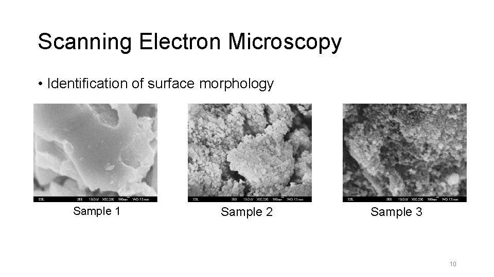 Scanning Electron Microscopy • Identification of surface morphology Sample 1 Sample 2 Sample 3