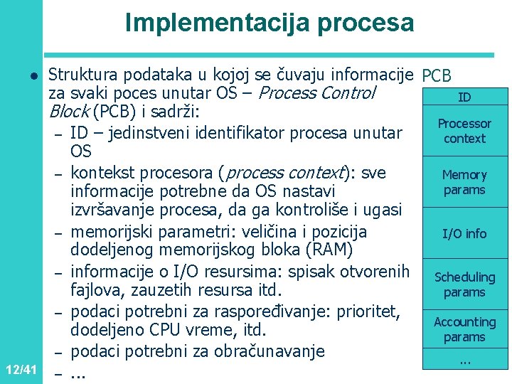 Implementacija procesa l 12/41 Struktura podataka u kojoj se čuvaju informacije PCB za svaki