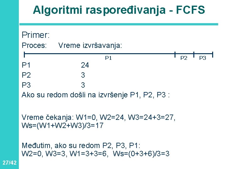 Algoritmi raspoređivanja - FCFS Primer: Proces: Vreme izvršavanja: P 1 24 P 2 3