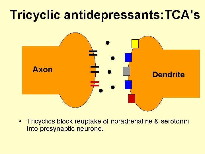 Tricyclic antidepressants: TCA’s Axon Dendrite • Tricyclics block reuptake of noradrenaline & serotonin into