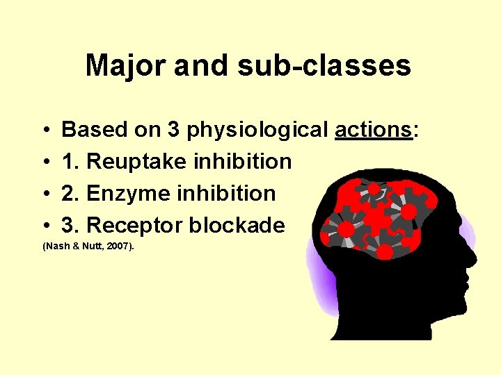 Major and sub-classes • • Based on 3 physiological actions: 1. Reuptake inhibition 2.