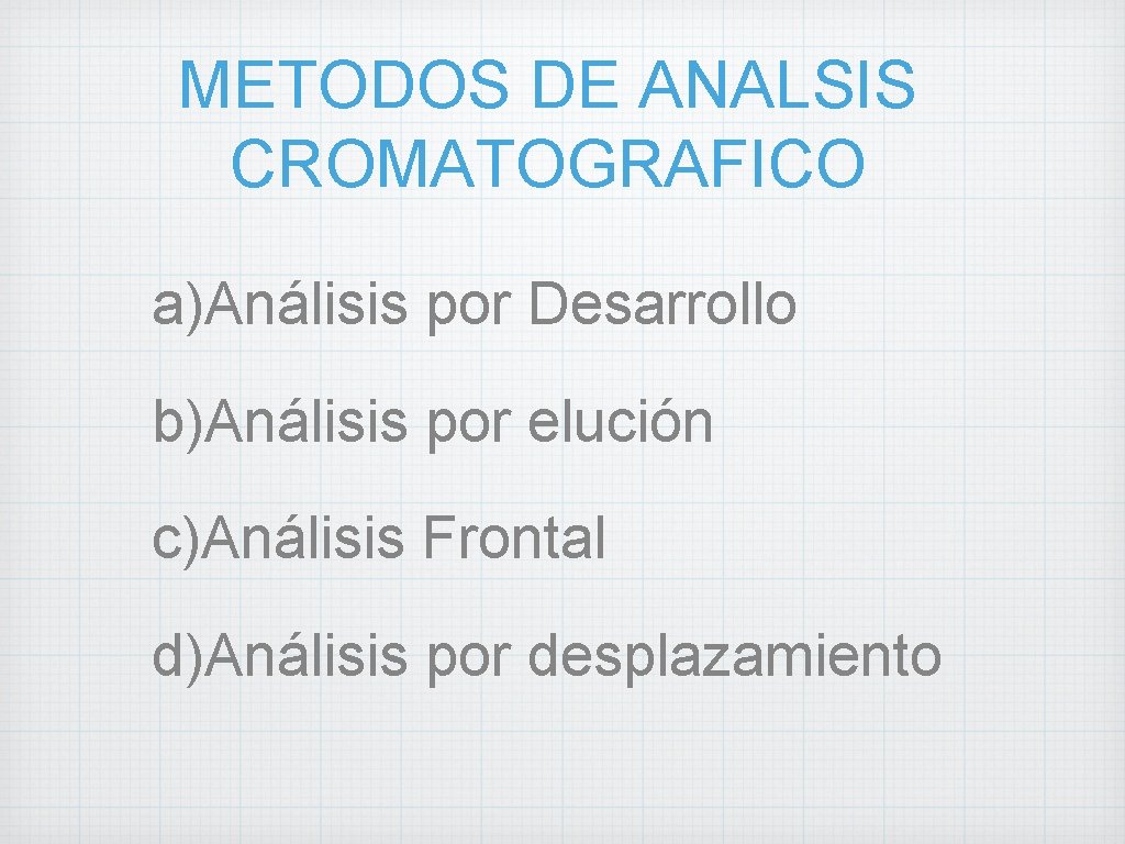 METODOS DE ANALSIS CROMATOGRAFICO a)Análisis por Desarrollo b)Análisis por elución c)Análisis Frontal d)Análisis por