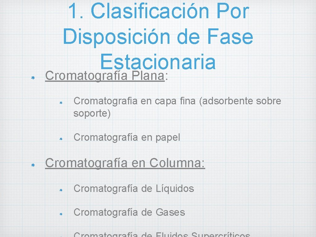 1. Clasificación Por Disposición de Fase Estacionaria Cromatografía Plana: Cromatografia en capa fina (adsorbente