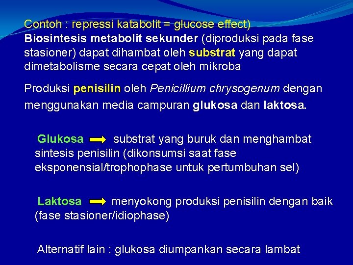Contoh : repressi katabolit = glucose effect) Biosintesis metabolit sekunder (diproduksi pada fase stasioner)