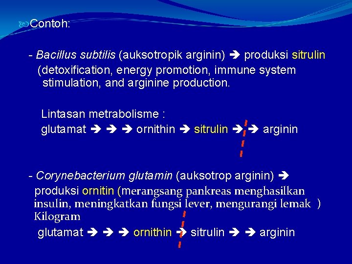  Contoh: - Bacillus subtilis (auksotropik arginin) produksi sitrulin (detoxification, energy promotion, immune system