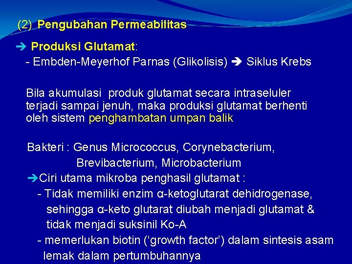 (2) Pengubahan Permeabilitas Produksi Glutamat: - Embden-Meyerhof Parnas (Glikolisis) Siklus Krebs Bila akumulasi produk