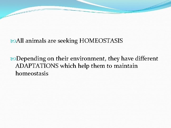  All animals are seeking HOMEOSTASIS Depending on their environment, they have different ADAPTATIONS