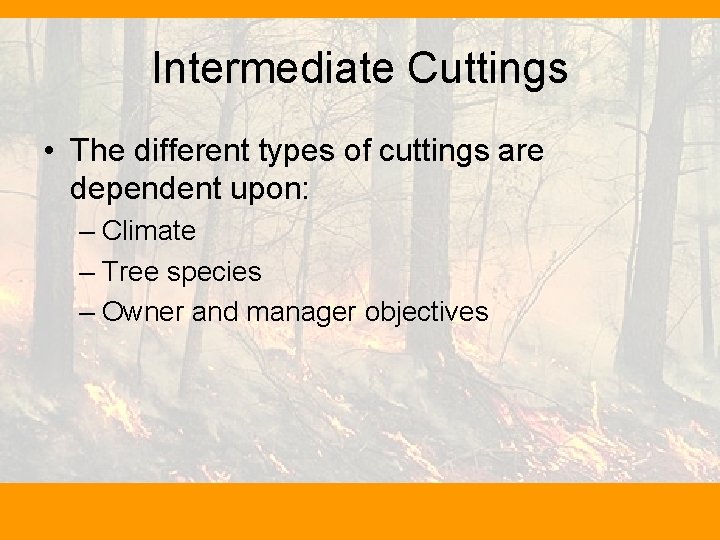 Intermediate Cuttings • The different types of cuttings are dependent upon: – Climate –