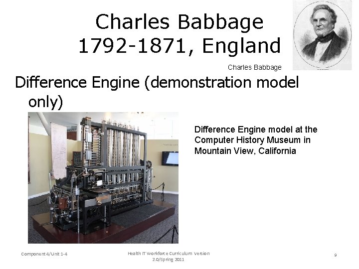 Charles Babbage 1792 -1871, England Charles Babbage Difference Engine (demonstration model only) Difference Engine