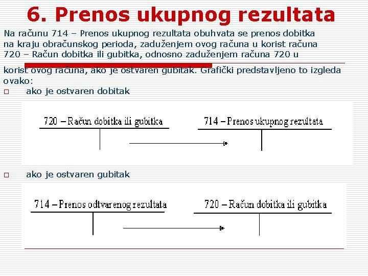 6. Prenos ukupnog rezultata Na računu 714 – Prenos ukupnog rezultata obuhvata se prenos