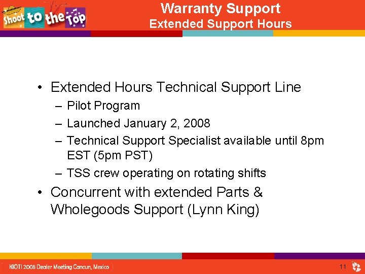 Warranty Support Extended Support Hours • Extended Hours Technical Support Line – Pilot Program