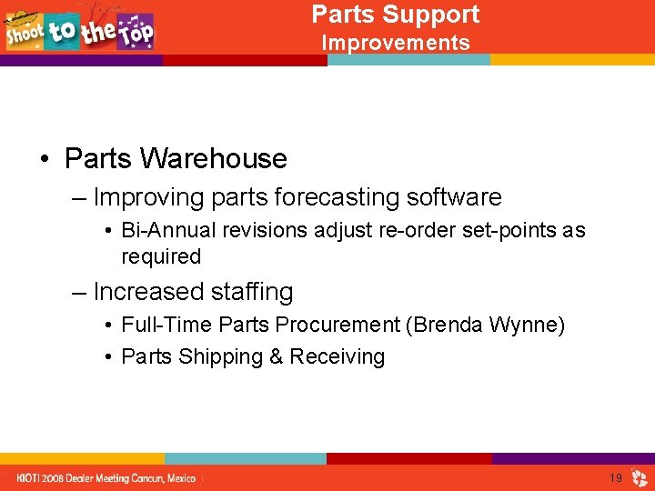 Parts Support Improvements • Parts Warehouse – Improving parts forecasting software • Bi-Annual revisions