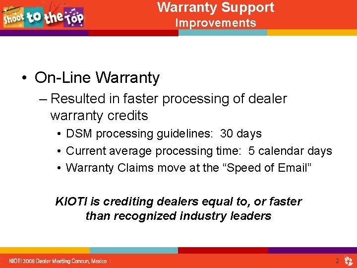 Warranty Support Improvements • On-Line Warranty – Resulted in faster processing of dealer warranty