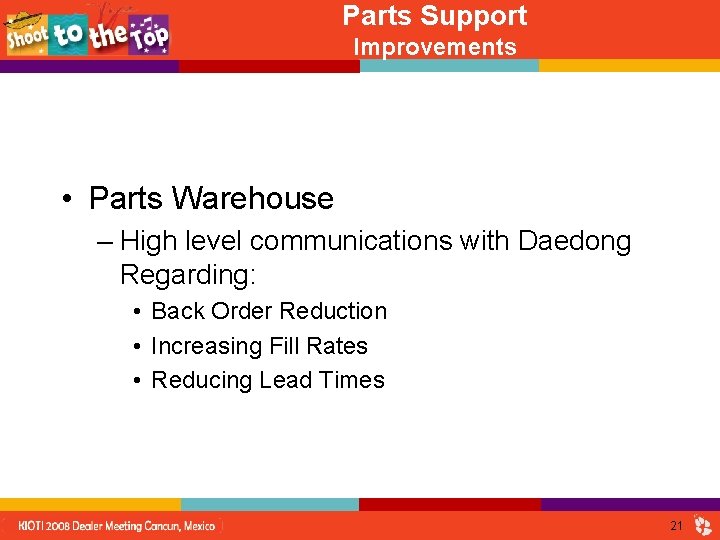 Parts Support Improvements • Parts Warehouse – High level communications with Daedong Regarding: •