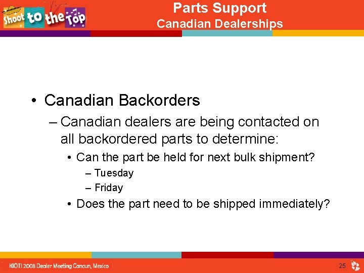 Parts Support Canadian Dealerships • Canadian Backorders – Canadian dealers are being contacted on