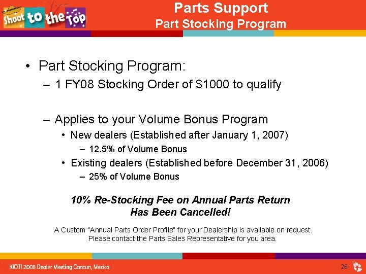 Parts Support Part Stocking Program • Part Stocking Program: – 1 FY 08 Stocking