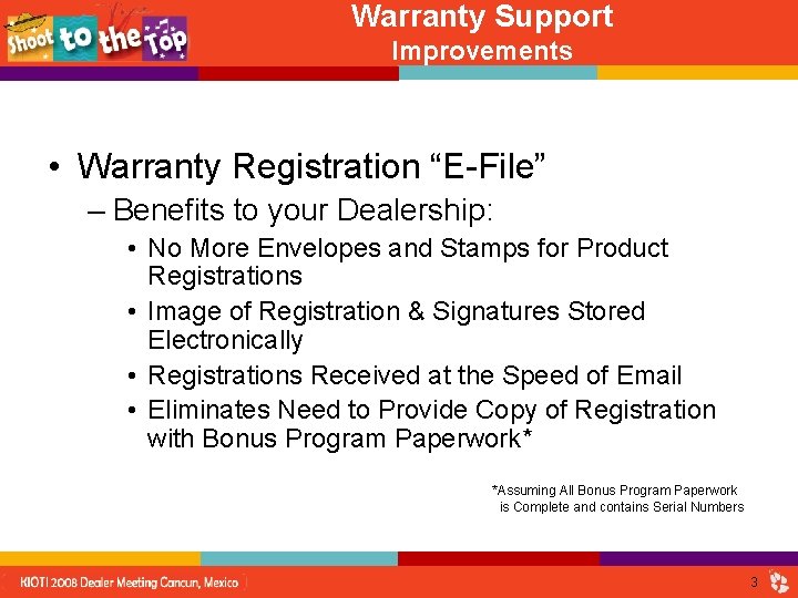 Warranty Support Improvements • Warranty Registration “E-File” – Benefits to your Dealership: • No