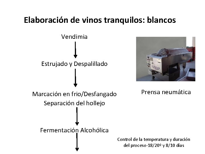 Elaboración de vinos tranquilos: blancos Vendimia Estrujado y Despalillado Marcación en frio/Desfangado Prensa neumática