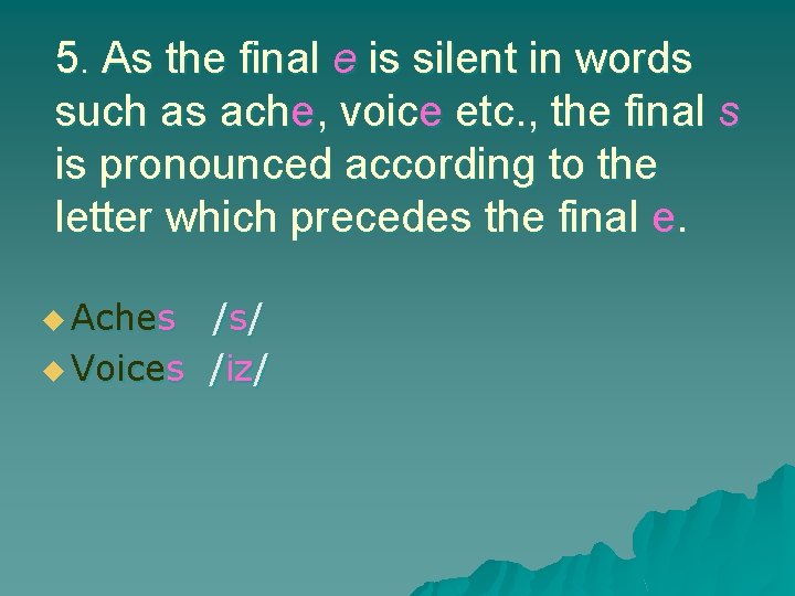 5. As the final e is silent in words such as ache, voice etc. 5. As the final e is silent in words such as ache, voice etc.