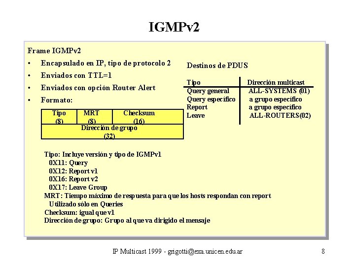IGMPv 2 Frame IGMPv 2 • Encapsulado en IP, tipo de protocolo 2 •