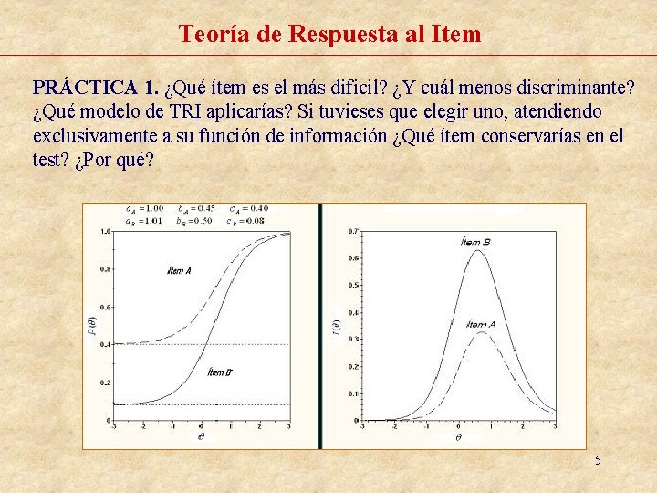 Teoría de Respuesta al Item PRÁCTICA 1. ¿Qué ítem es el más dificil? ¿Y Teoría de Respuesta al Item PRÁCTICA 1. ¿Qué ítem es el más dificil? ¿Y