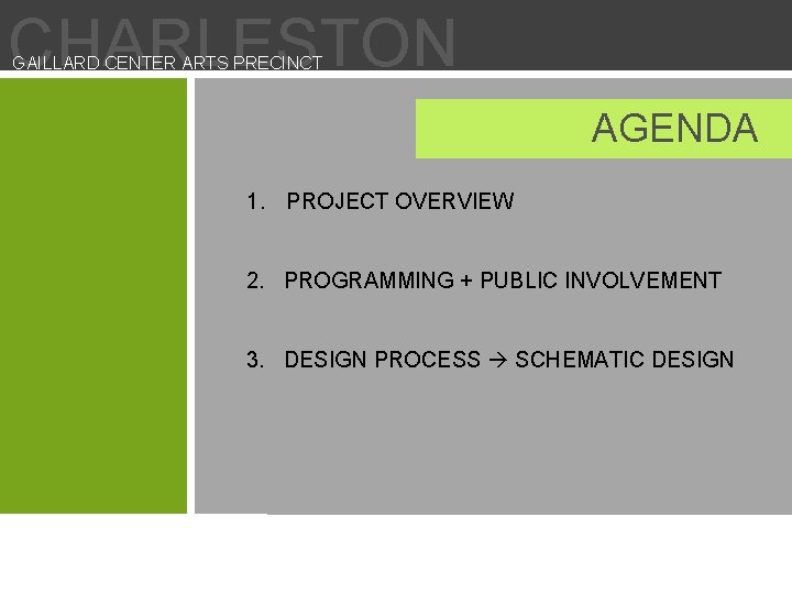 CHARLESTON GAILLARD CENTER ARTS PRECINCT AGENDA 1. PROJECT OVERVIEW 2. PROGRAMMING + PUBLIC INVOLVEMENT