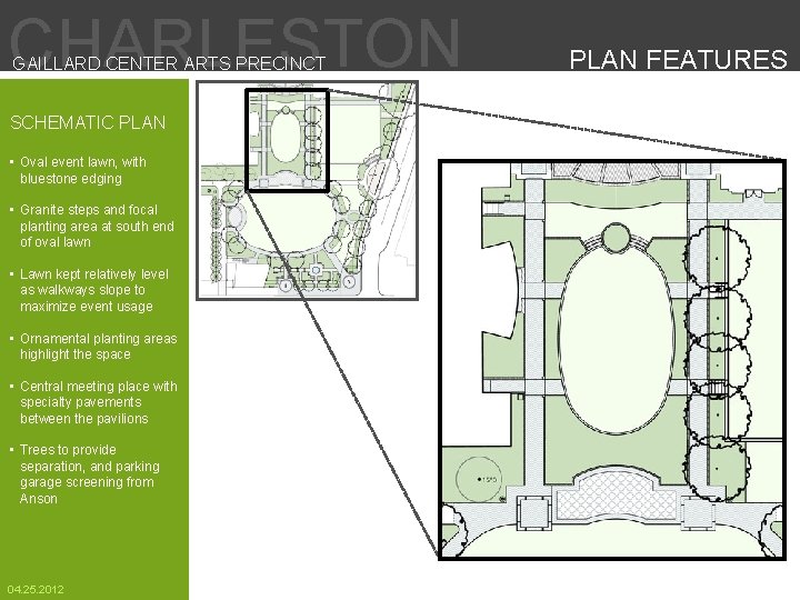 CHARLESTON GAILLARD CENTER ARTS PRECINCT SCHEMATIC PLAN • Oval event lawn, with bluestone edging