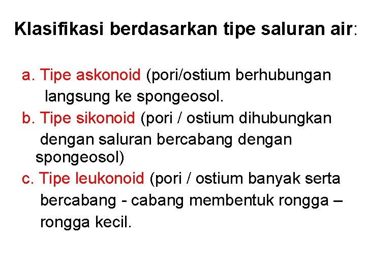 Klasifikasi berdasarkan tipe saluran air: a. Tipe askonoid (pori/ostium berhubungan langsung ke spongeosol. b.