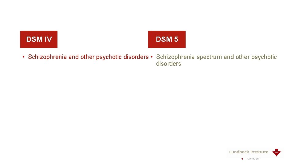 DSM IV DSM 5 • Schizophrenia and other psychotic disorders • Schizophrenia spectrum and