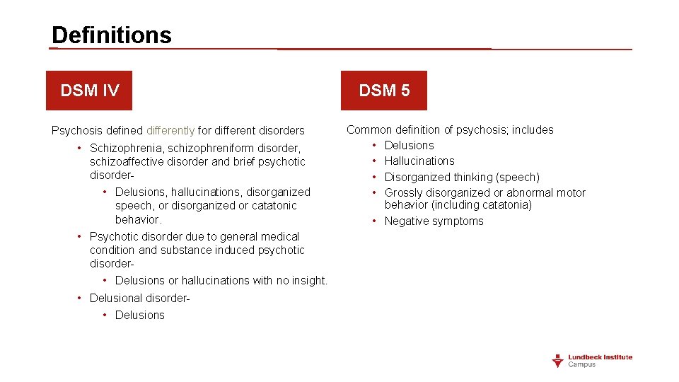 Definitions DSM IV Psychosis defined differently for different disorders • Schizophrenia, schizophreniform disorder, schizoaffective