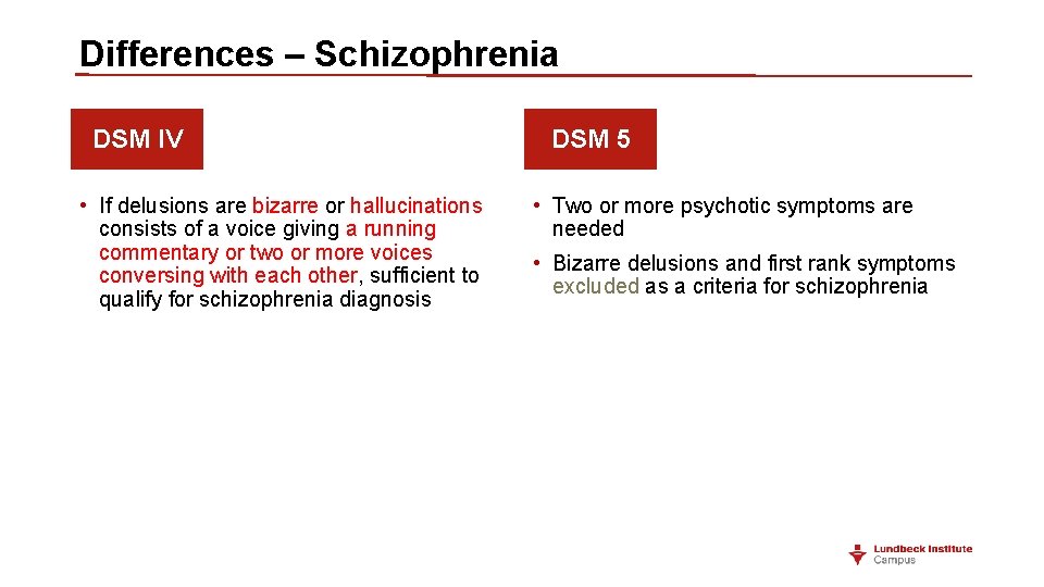 Differences – Schizophrenia DSM IV • If delusions are bizarre or hallucinations consists of