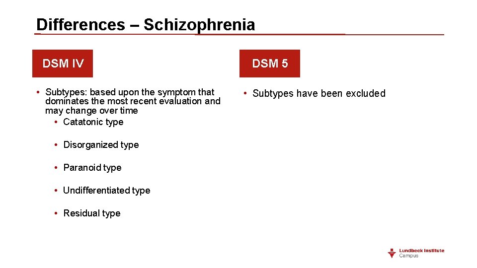 Differences – Schizophrenia DSM IV • Subtypes: based upon the symptom that dominates the