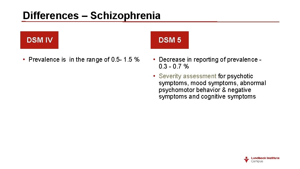Differences – Schizophrenia DSM IV • Prevalence is in the range of 0. 5