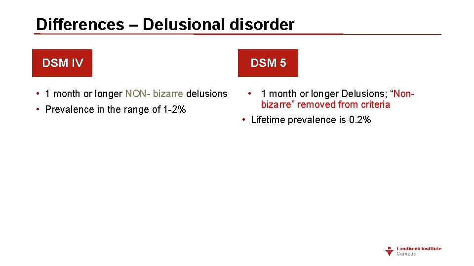 Differences – Delusional disorder DSM IV • 1 month or longer NON- bizarre delusions