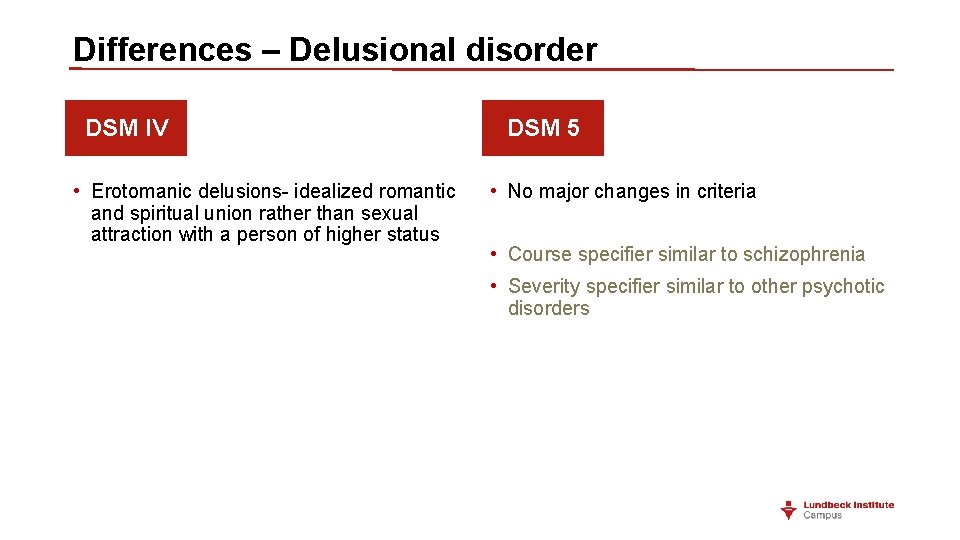 Differences – Delusional disorder DSM IV • Erotomanic delusions- idealized romantic and spiritual union