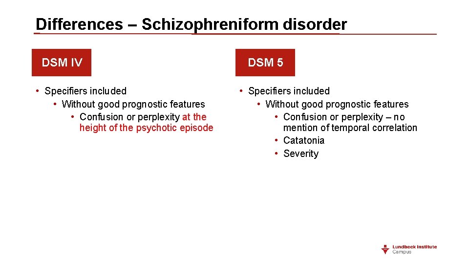 Differences – Schizophreniform disorder DSM IV • Specifiers included • Without good prognostic features