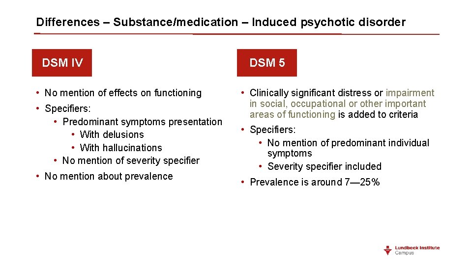 Differences – Substance/medication – Induced psychotic disorder DSM IV • No mention of effects