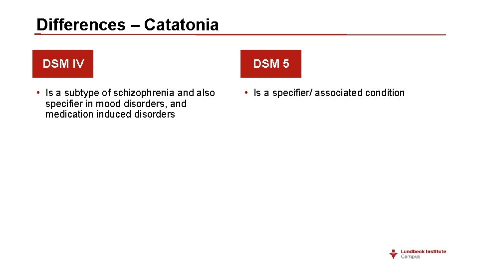 Differences – Catatonia DSM IV • Is a subtype of schizophrenia and also specifier