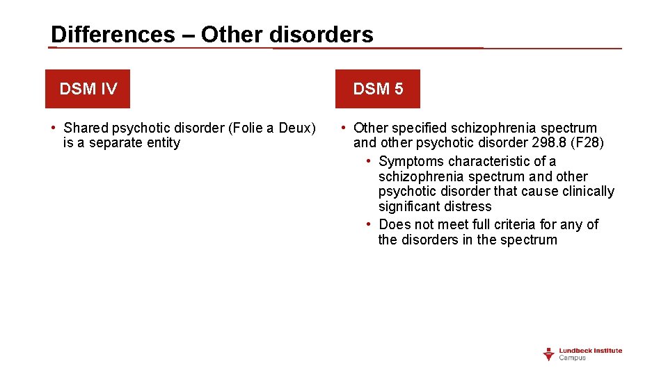 Differences – Other disorders DSM IV • Shared psychotic disorder (Folie a Deux) is