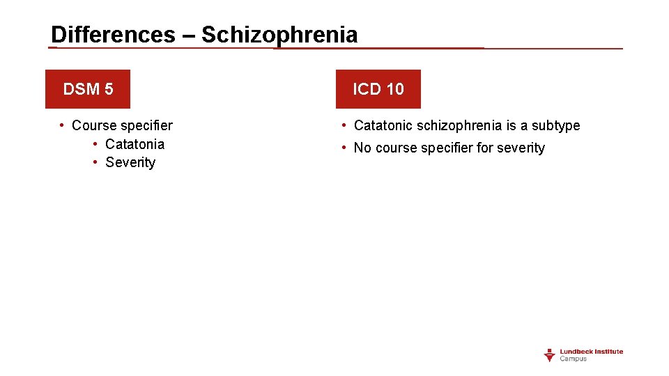 Differences – Schizophrenia DSM 5 • Course specifier • Catatonia • Severity ICD 10