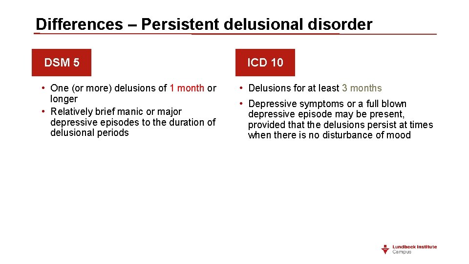 Differences – Persistent delusional disorder DSM 5 • One (or more) delusions of 1