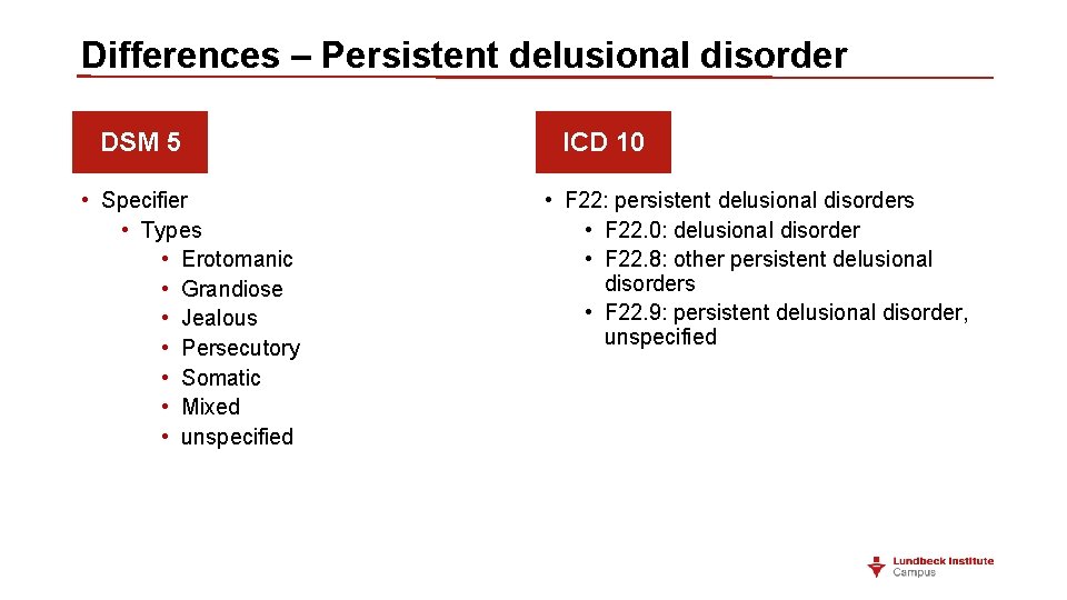 Differences – Persistent delusional disorder DSM 5 • Specifier • Types • Erotomanic •