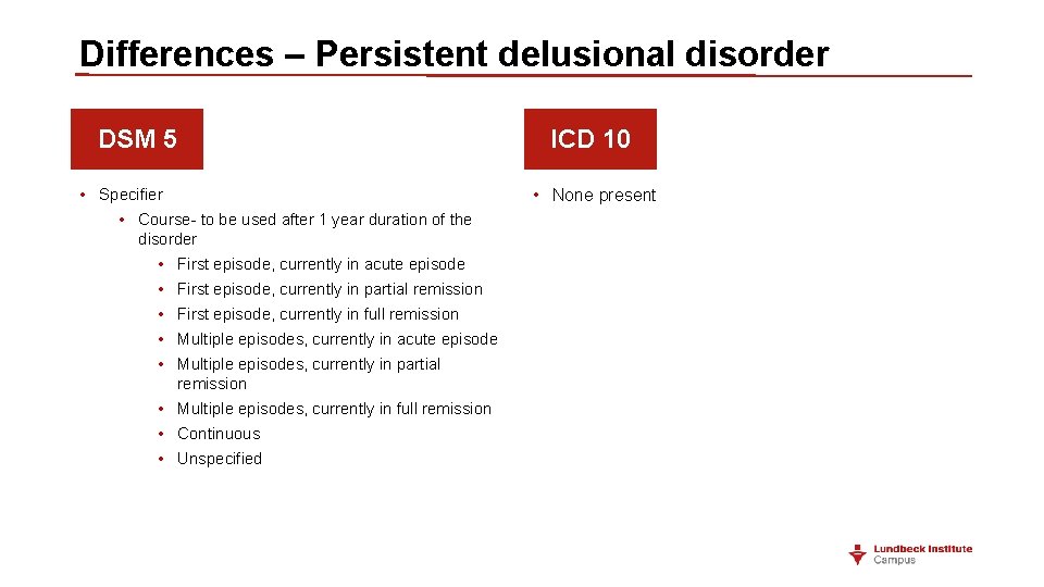 Differences – Persistent delusional disorder DSM 5 • Specifier • Course- to be used