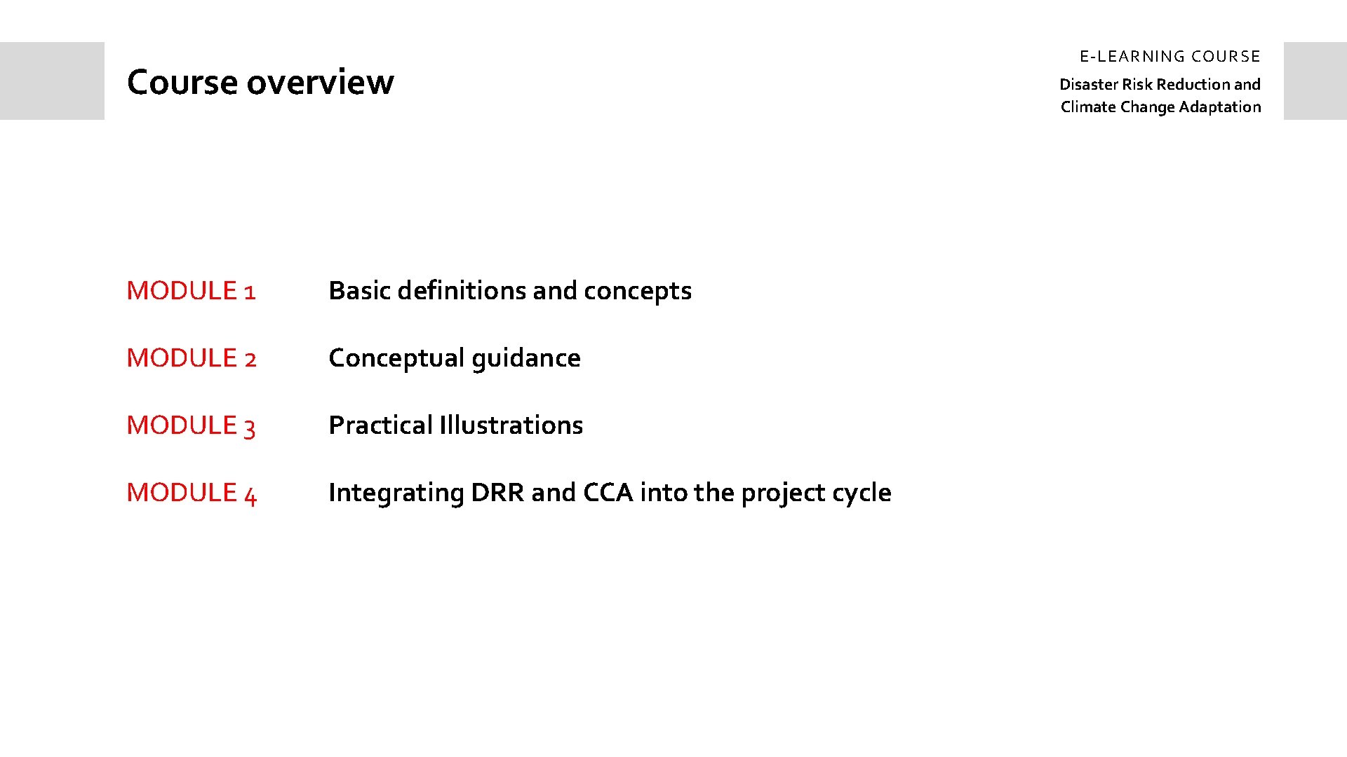 Course overview MODULE 1 Basic definitions and concepts MODULE 2 Conceptual guidance MODULE 3