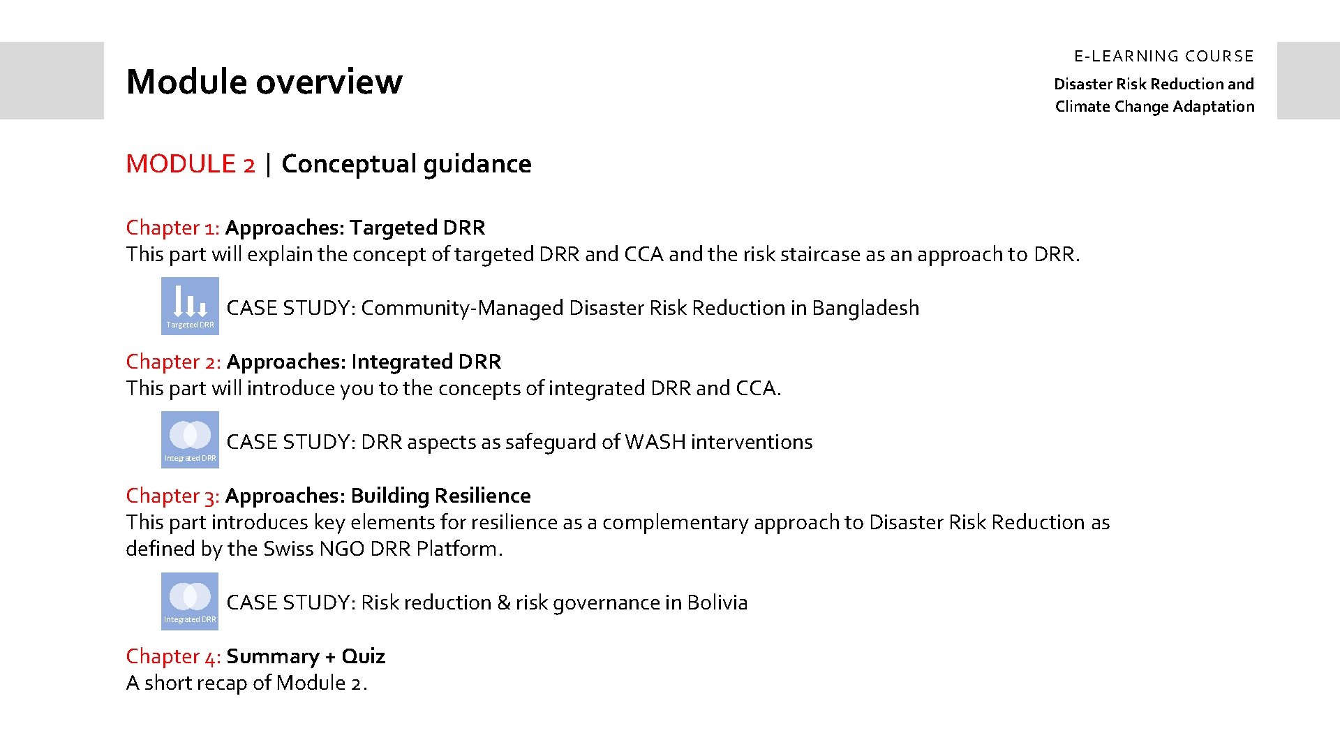 Module overview E-LEARNING COURSE Disaster Risk Reduction and Climate Change Adaptation MODULE 2 |