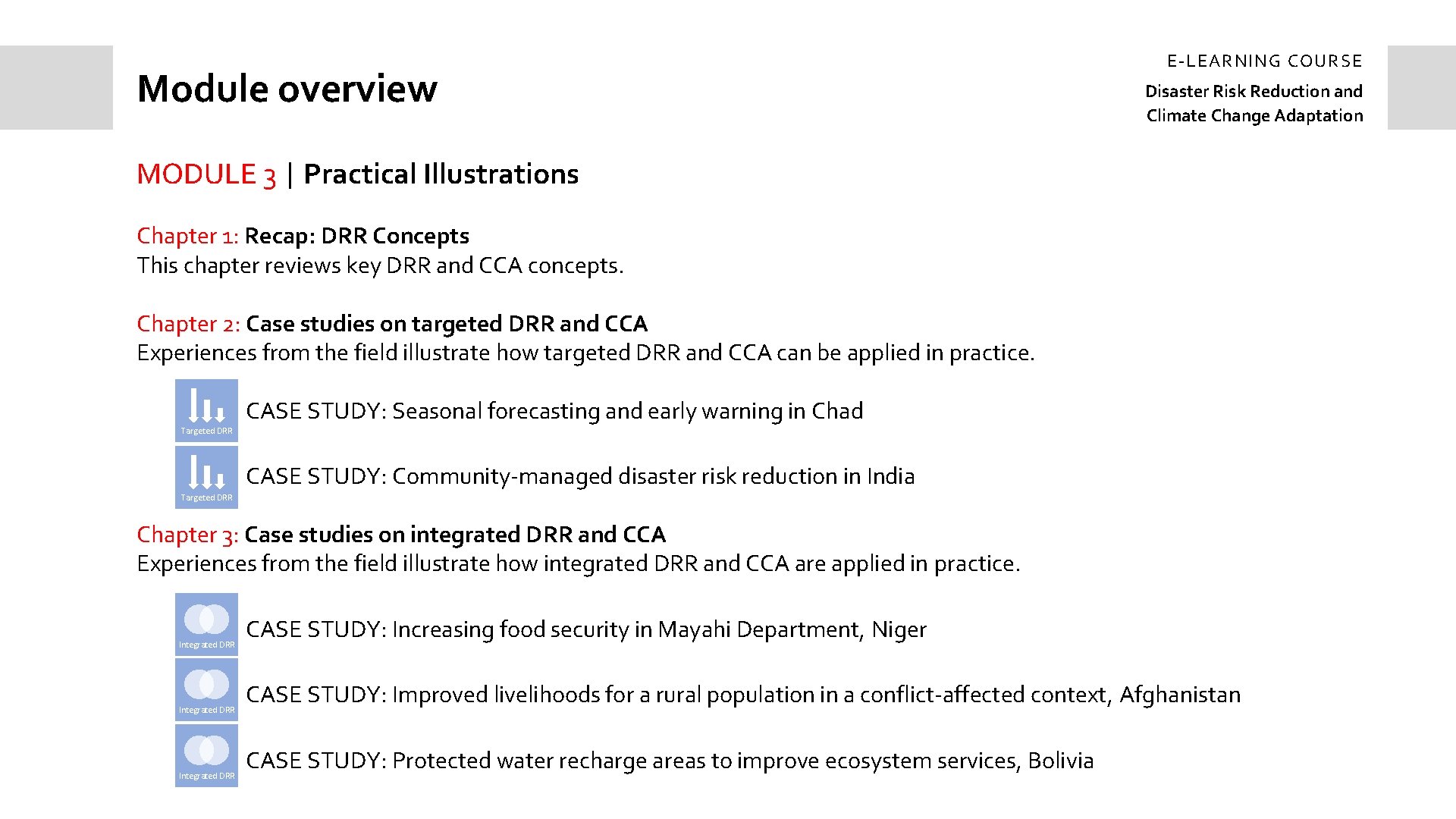 Module overview E-LEARNING COURSE Disaster Risk Reduction and Climate Change Adaptation MODULE 3 |