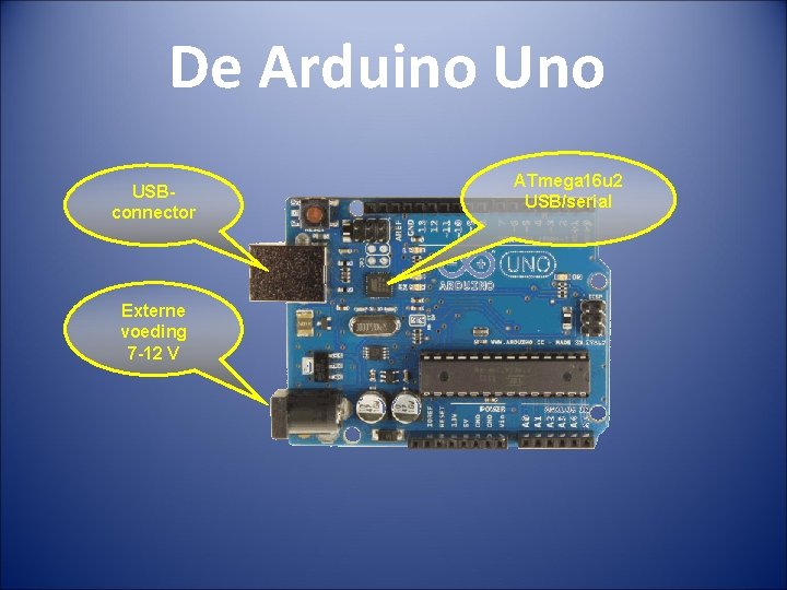 De Arduino USBconnector Externe voeding 7 -12 V ATmega 16 u 2 USB/serial 