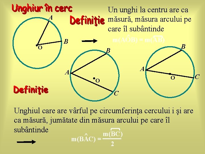 Un unghi la centru are ca măsură, măsura arcului pe care îl subântinde A Un unghi la centru are ca măsură, măsura arcului pe care îl subântinde A