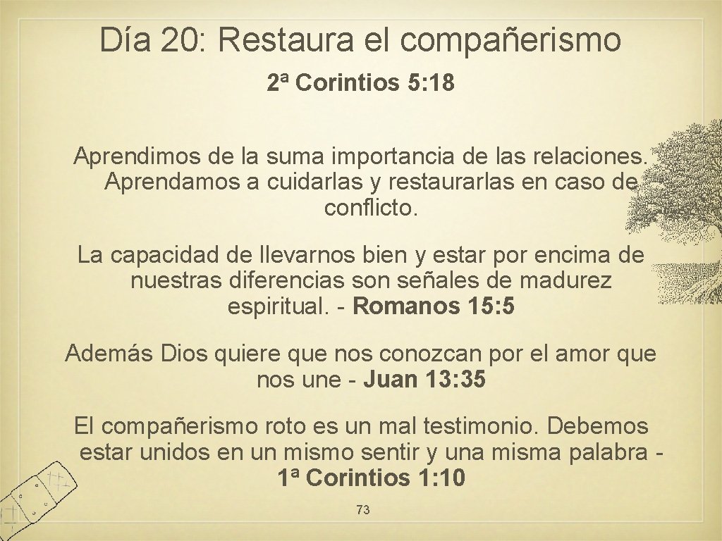 Día 20: Restaura el compañerismo 2ª Corintios 5: 18 Aprendimos de la suma importancia