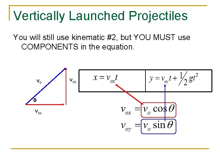 Vertically Launched Projectiles You will still use kinematic #2, but YOU MUST use COMPONENTS